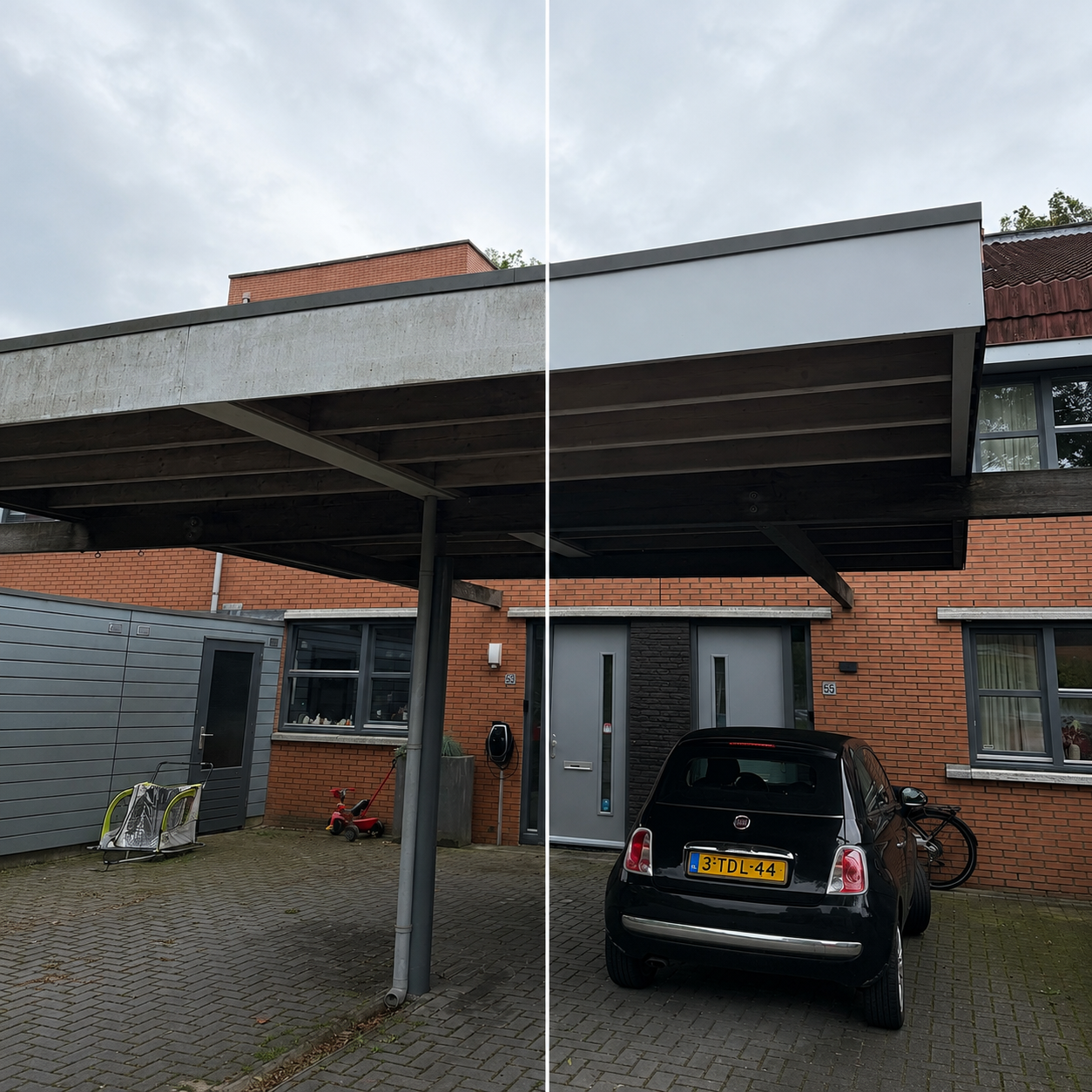 Voor en na reiniging van een vervuilde overkapping en carport bij een woning in Twente